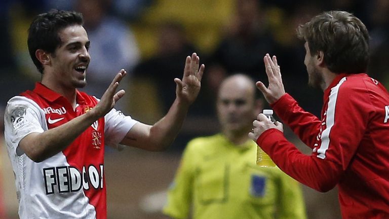 Monaco's Portuguese midfielder Silva Bernardo (L) celebrates after scoring a goal with during the French L1