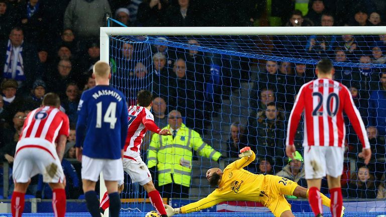 Bojan Krkic of Stoke City scores the first goal from the penalty spot past Tim Howard of Everton during the Barclays Premier League match at Goodison Park