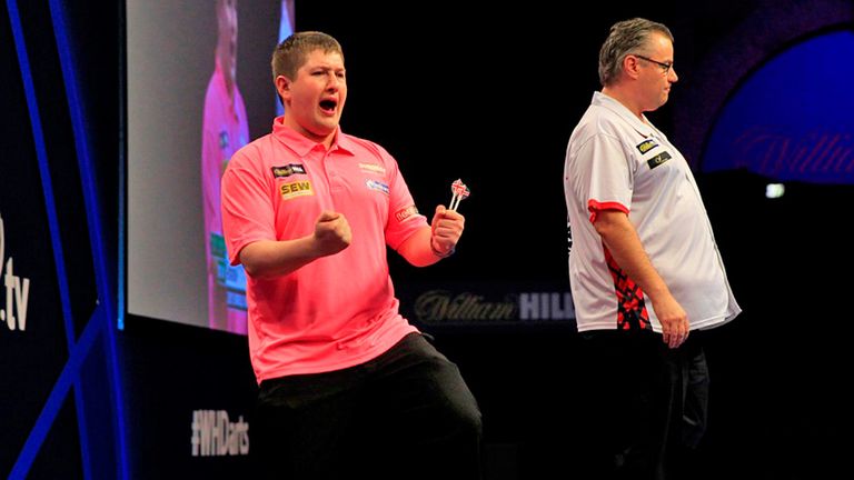 Keegan Brown of England in action during his first round match against John Part of Canada during the William Hill PDC World
