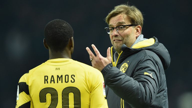 Borussia Dortmund manager Jurgen Klopp gestures to Adrian Ramos