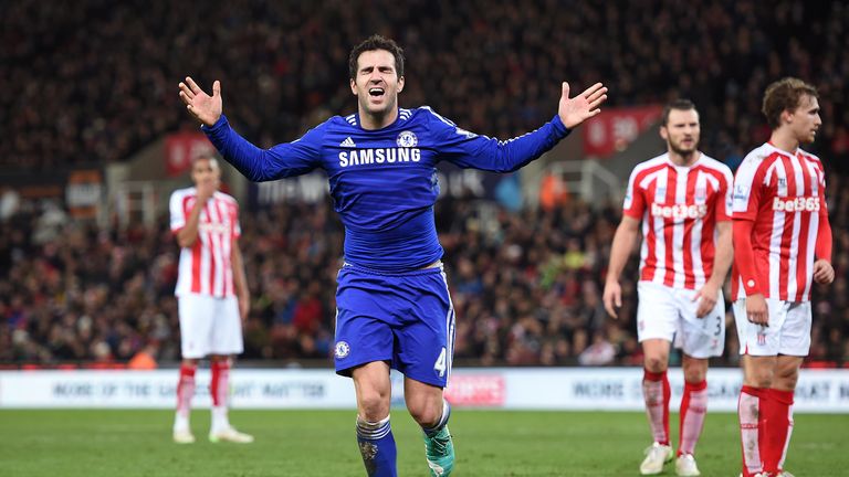 Chelsea's Cesc Fabregas celebrates scoring his side's second goal of the game during the Barclays Premier League match at the Britannia Stadium, Stoke
