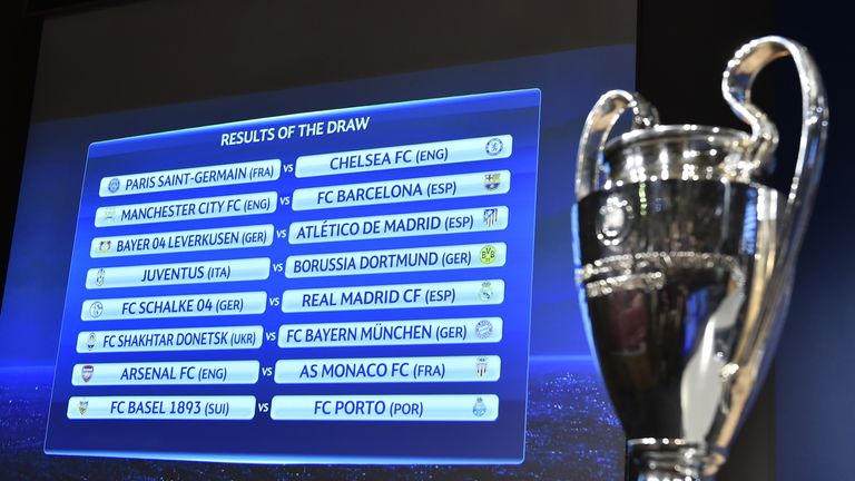 A board shows the draw for the UEFA Champions League round of 16 next to the trophy on December 15, 2014 at the UEFA headquarters in Nyon