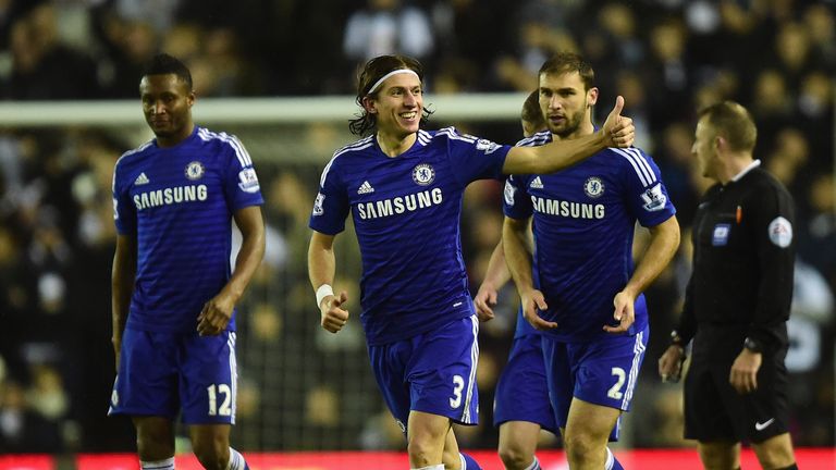 Filipe Luis celebrates after scoring Chelsea's second goal against Derby