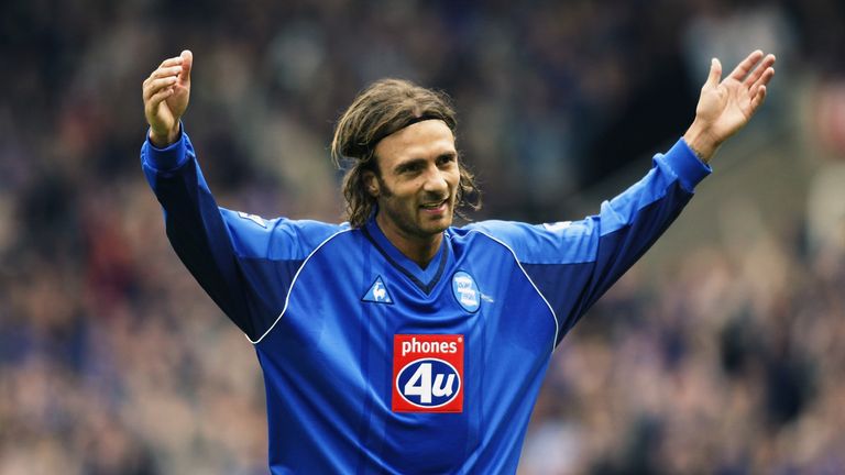 Christophe Dugarry of Birmingham City celebrates scoring the opening goal in a Premiership match, April 2003
