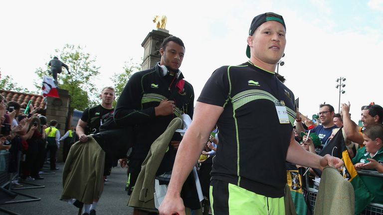 Courtney Lawes and Dylan Hartley of Northampton Saints arrive ahead of the Aviva Premiership Final v Saracens, May 2014