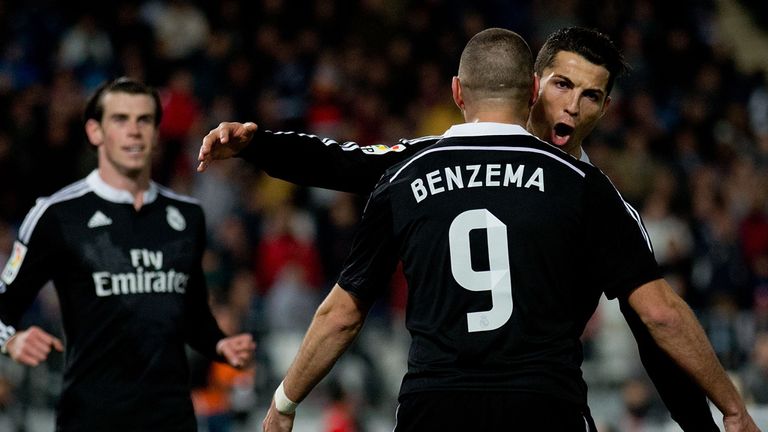 Cristiano Ronaldo celebrates with Karim Benzema and Gareth Bale
