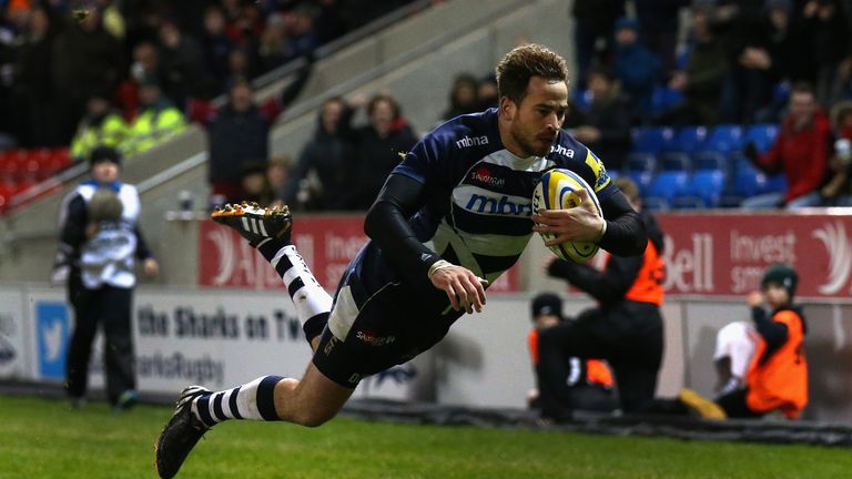 SALFORD, ENGLAND - DECEMBER 19:  Danny Cipriani of Sale Sharks scores a try during the Aviva Premiership match between Sale Sharks and Exeter Chiefs at AJ 