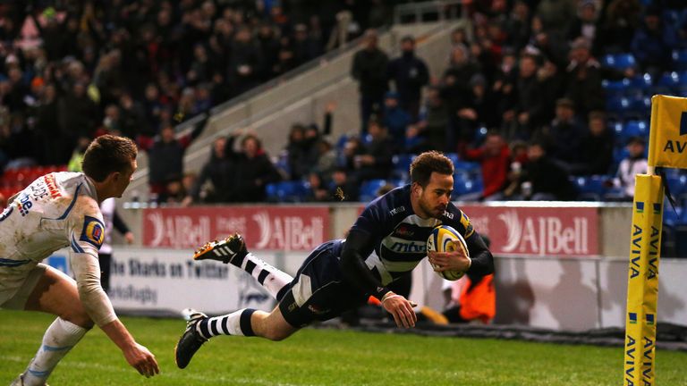 Danny Cipriani of Sale Sharks scores a try during the Aviva Premiership match between Sale Sharks and Exeter Chiefs