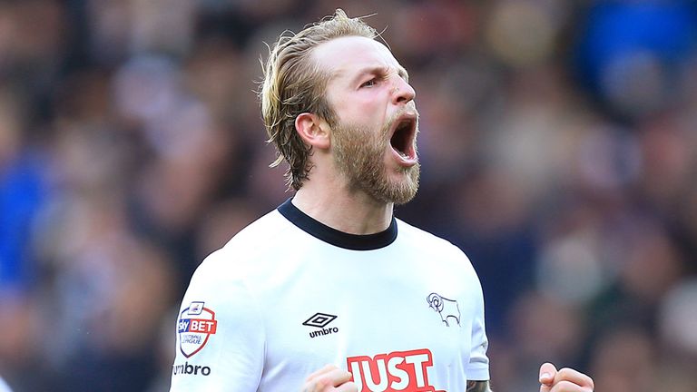 Derby County's Johnny Russell celebrate scoring his sides first goal during the Sky Bet Championship match at the iPro Stadium, Derby.