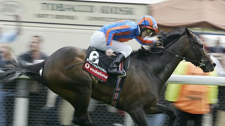 EPSOM, ENGLAND - JUNE 8:   Johnny Murtagh on High Chaparral during their victory at the Vodafone Derby Stakes at Epsom racecourse, Surrey  June 8, 2002. (P