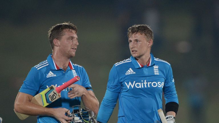 Joe Root and Jos Buttler of England celebrate after winning the 3rd One Day International between Sri Lanka and England