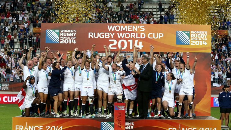 England celebrate after winning the IRB Women's Rugby World Cup 2014 Final between England and Canada at Stade Jean-Bouin