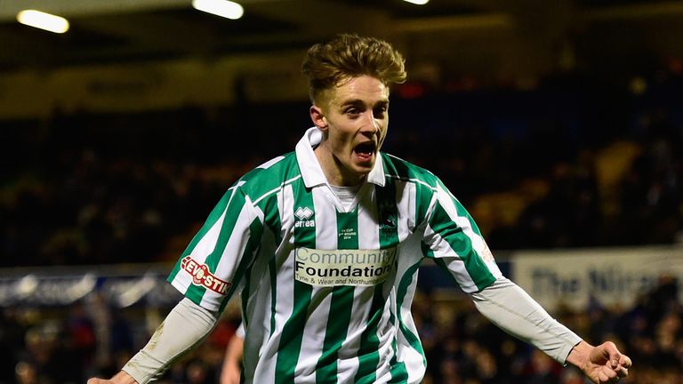 Blyth Spartans: Jarrett Rivers celebrates after scoring  in the FA Cup Second Round match against Hartlepool 