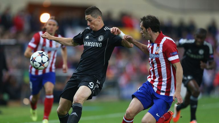 Fernando Torres of Chelsea battles for the ball with Diego Godin of Atletcio Madrid during the UEFA Champions League Semi Final in April 2014