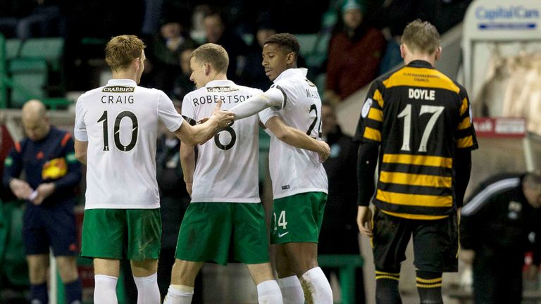 Hibernian's Dominique Malonga (right) celebrates with team-mates after scoring his side's second goal of the match .