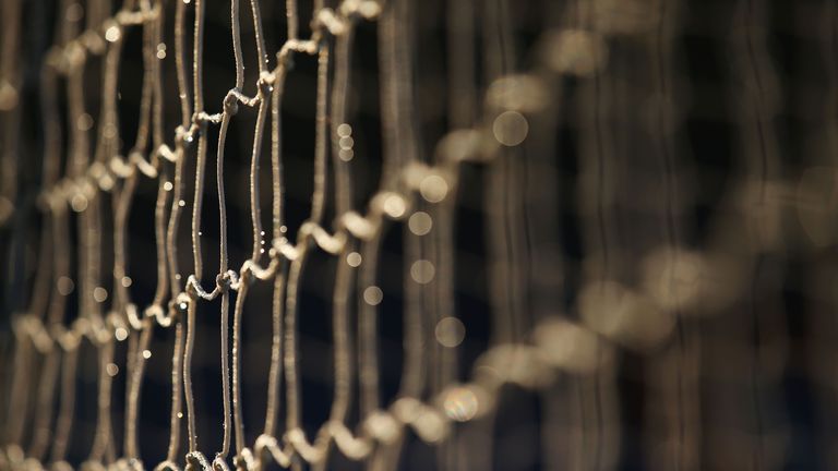 Water droplets are seen on the goal net prior to the Barclays Premier League match between Crystal Palace and Stoke City