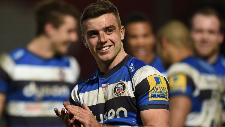 Bath Rugby's George Ford celebrates victory at the end of the Aviva Premiership match at Kingsholm Stadium, Gloucester.
