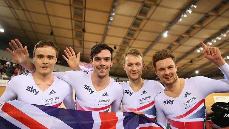 Great Britain men's team pursuit team celebrate gold medal at Track Cycling World Cup