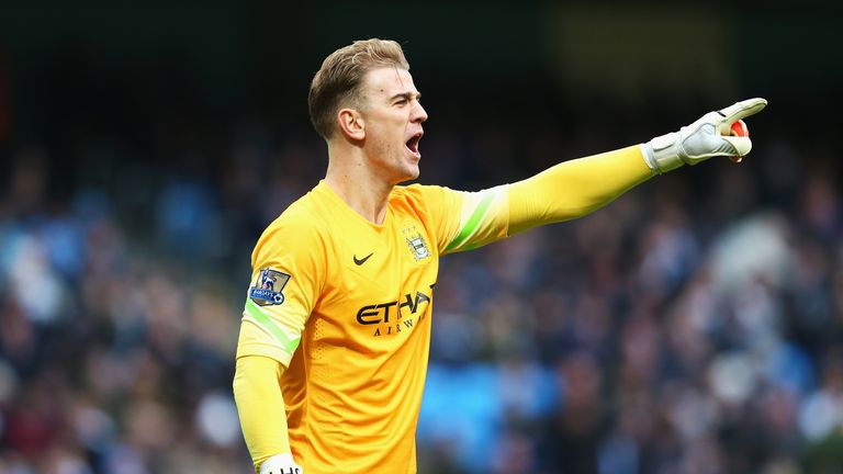 Joe Hart of Manchester City gives instructions during the Barclays Premier League match between Manchester City and Crystal Palace.