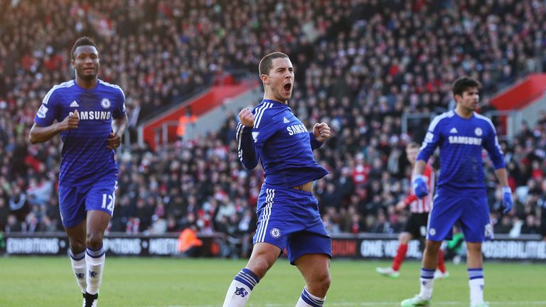 Eden Hazard of Chelsea celebrates scoring his goal during the Barclays Premier League match between Southampton and Chelsea at St Mary's Stadium