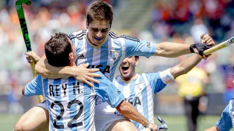 Argentina's player Gonzalo Peillat (C) celebrates during the Hockey World Cup