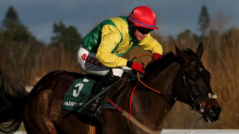 Sizing John ridden by Johnny Burke races clear of the last to win the Paddy Power Future Champions Novice Hurdle