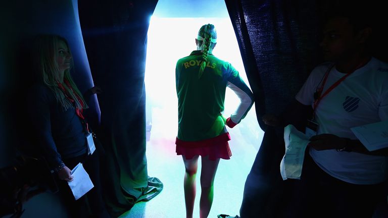 DUBAI, UNITED ARAB EMIRATES - DECEMBER 12:  Kristina Mladenovic of the UAE Royals waits to walk out on court for her teams match against the Singapore Slam