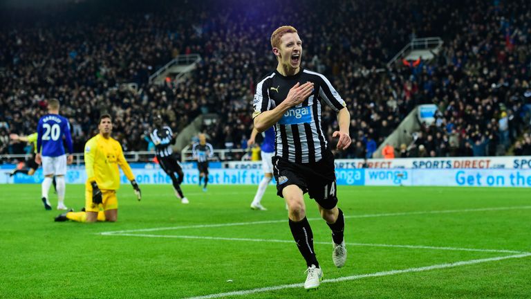 Newcastle player Jack Colback celebrates his goal during the Barclays Premier League match between Newcastle and Everton