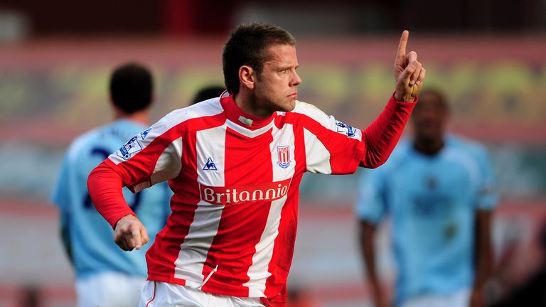 James Beattie of Stoke City celebrates after scoring during the Premier League match between Stoke City and Manchester City