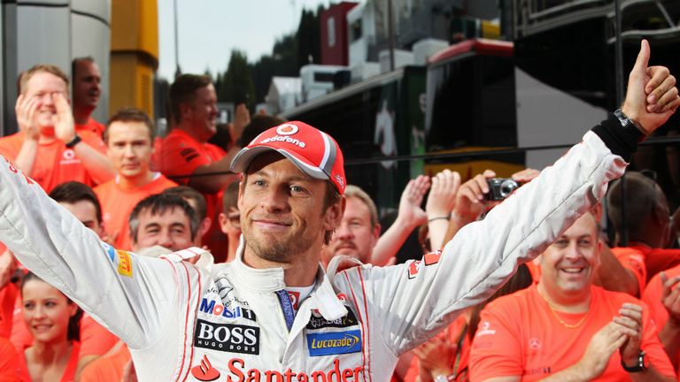 Jenson Button celebrates his Belgian win