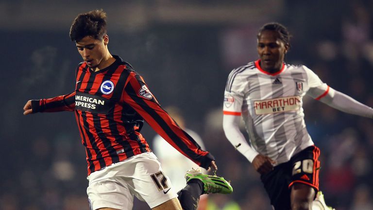 LONDON, ENGLAND - DECEMBER 29:  Joao Teixeira of Brighton & Hove Albion avoids Hugo Rodallega of Fulham during the Sky Bet Championship match between Fulha