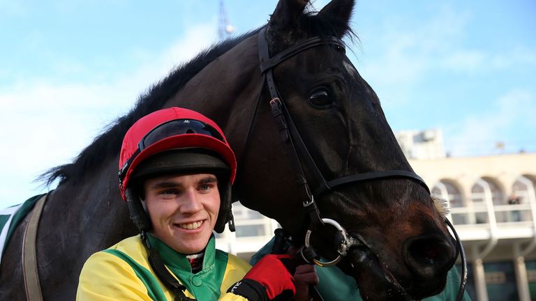 Jockey Johnny Burke with Sizing John after winning the Paddy Power Future Champions Novice Hurdle at Leopardstown