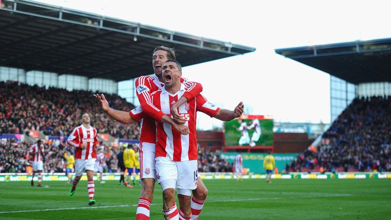 STOKE ON TRENT, ENGLAND - MARCH 01:  Jonathan Walters of Stoke City celebrates his goal with Peter Crouch during the Barclays Premier League match between 
