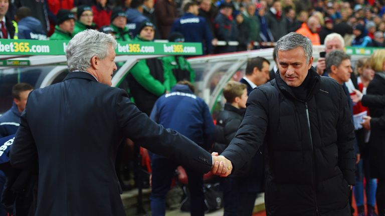 Mark Hughes manager of Stoke City (L) and Jose Mourinho manager of Chelsea shake hands prior to the Barclays Premier League at the Britannia Stadium