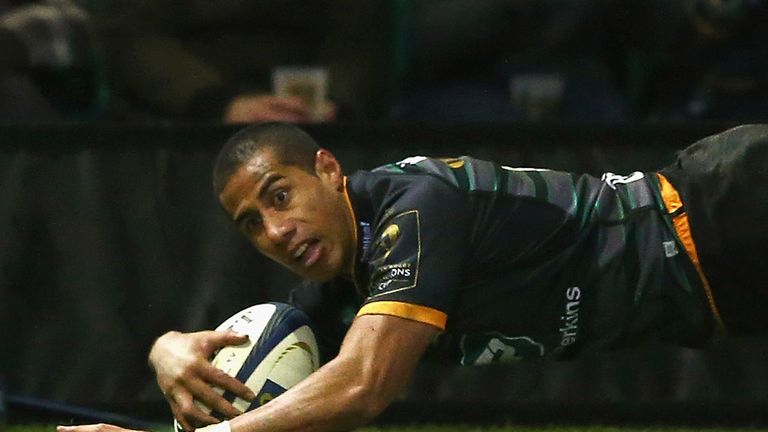 Ken Pisi of Northampton Saints scores a try during the European Rugby Champions Cup match against Treviso
