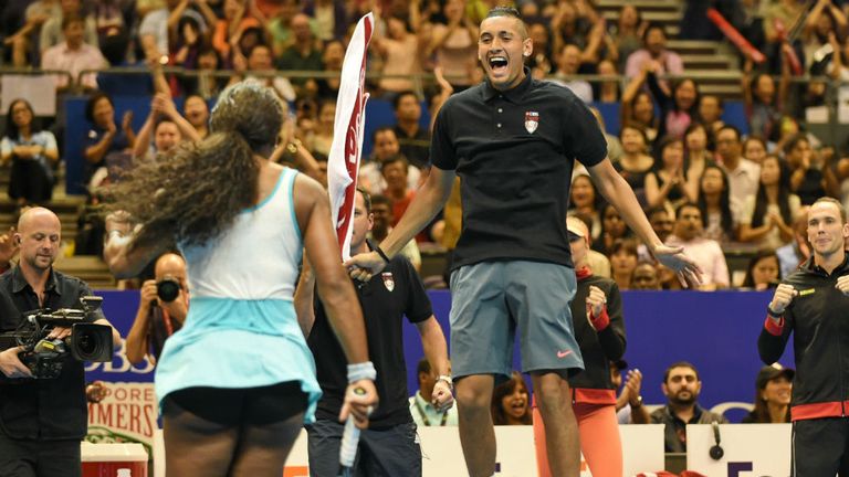 Serena Williams of the Singapore Slammers celebrates with team-mate Nick Krygios