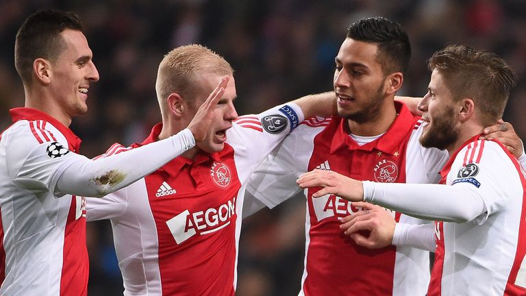 Lasse Schone: Celebrates his goal with Ajax team-mates 