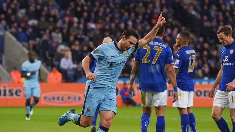 Frank Lampard of Manchester City celebrates after scoring the opening goal against Leicester City