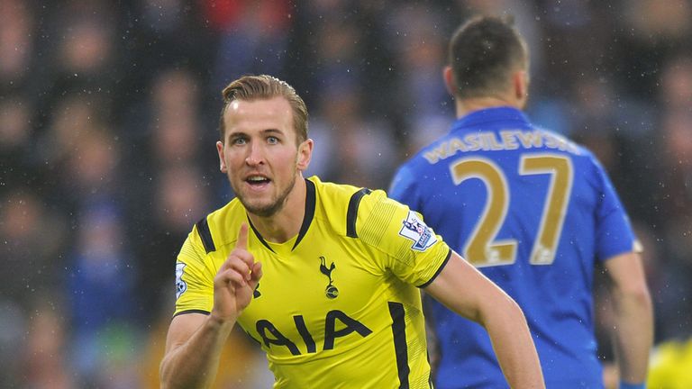 Tottenham Hotspu's Harry Kane celebrates his goal during the Barclays Premier League match at the King Power Stadium, Leicester.