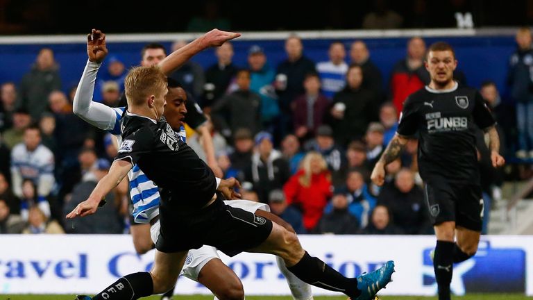 Leroy Fer of Queens Park Rangers scores the first goal during the Barclays Premier League match between QPR and Burnley