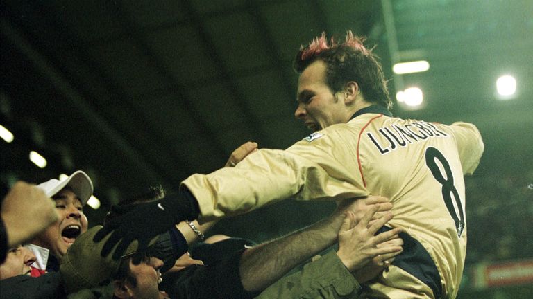 23 Dec 2001:  Fredrik Ljungberg of Arsenal celebrates scoring during the match between Liverpool and Arsenal in the FA Barclaycard Premiership at Anfield, 