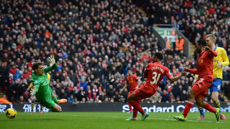 LIVERPOOL, ENGLAND - FEBRUARY 08:  Raheem Sterling of Liverpool scores the third goal during the Barclays Premier League match between Liverpool and Arsena