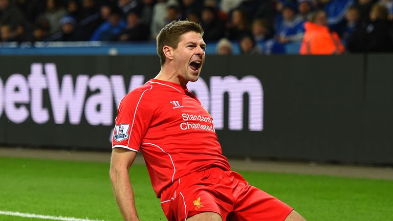 Steven Gerrard of Liverpool celebrates after scoring against Leicester