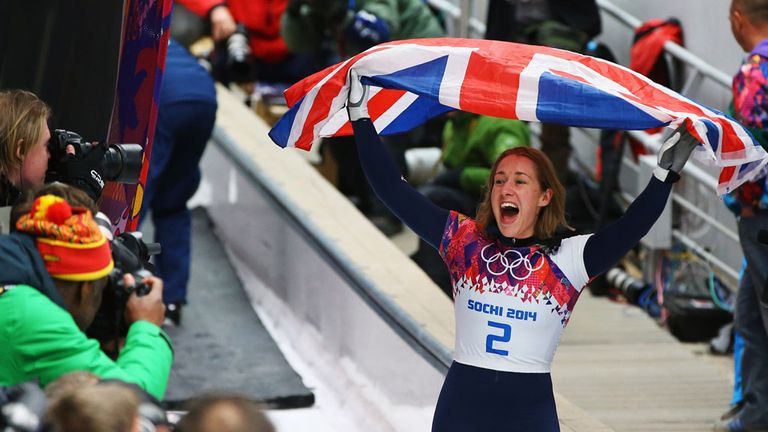 Lizzy Yarnold of Great Britain celebrates winning the gold medal during the Women's Skeleton on Day 7 of the Sochi 2014 Winter Olympics