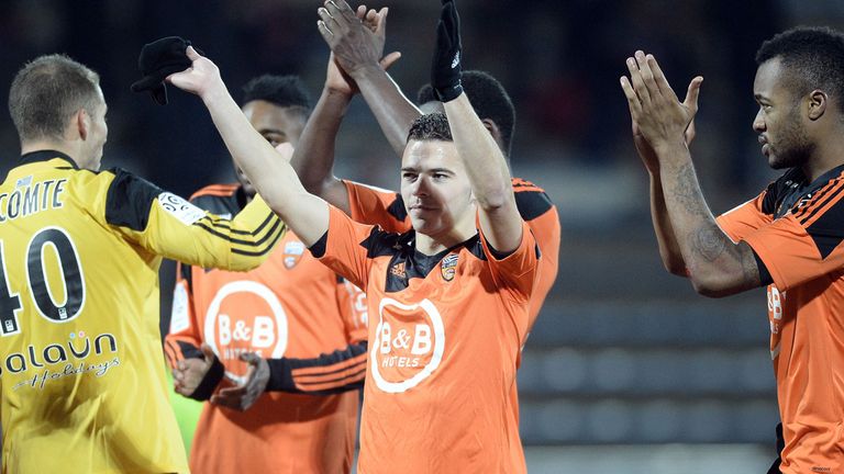 Lorient's players celebrate at the end of the French L1 football match between Lorient (FCL) and Metz (FCM)