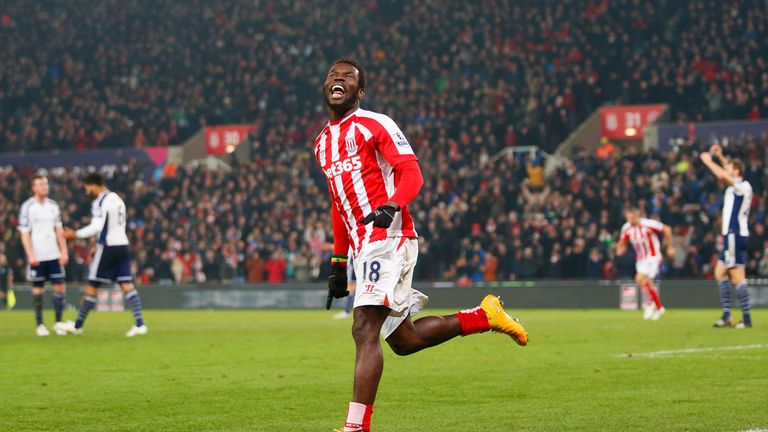 Mame Biram Diouf of Stoke City celebrates as he scores their second goal during the match between Stoke City and West Bromwich Albion