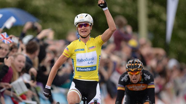 Marianne Vos crosses the finish line to win Stage Four of the 2014 Women's Tour Of Britain in Welwyn Garden City. 