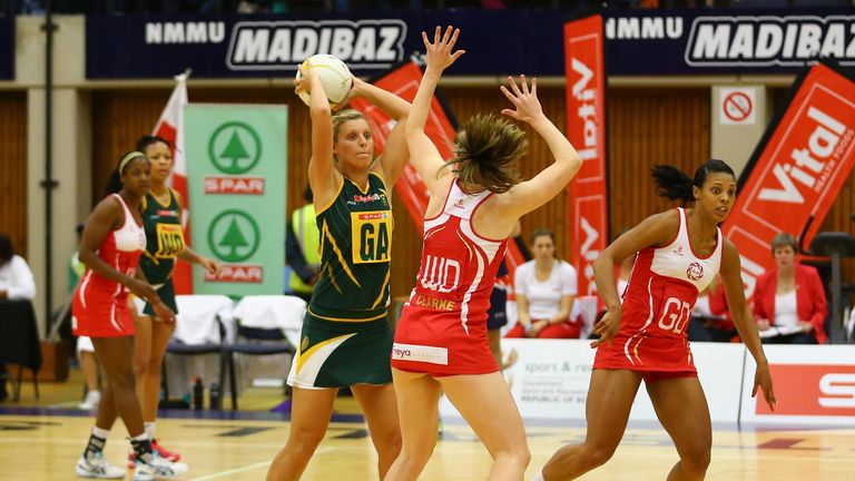 PORT ELIZABETH, SOUTH AFRICA - OCTOBER 25: ball carrier Maryka Holtzhausen (C) of South Africa during the International SPAR Tri Nations netball final matc
