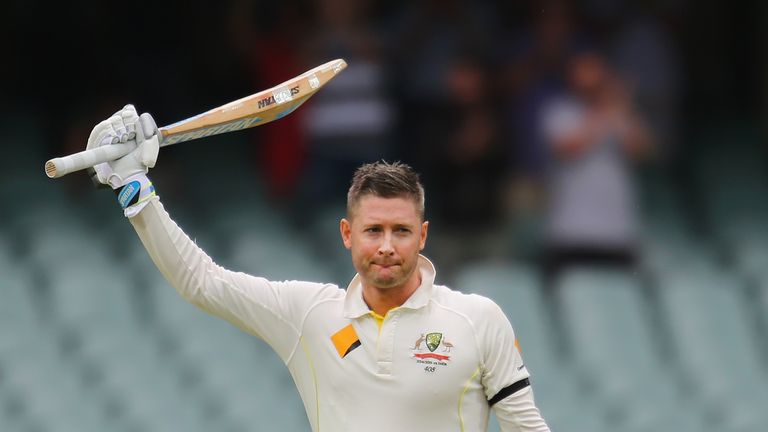 Michael Clarke of Australia celebrates as he reaches his century during day two of the First Test match between Australia and India in Adelaide