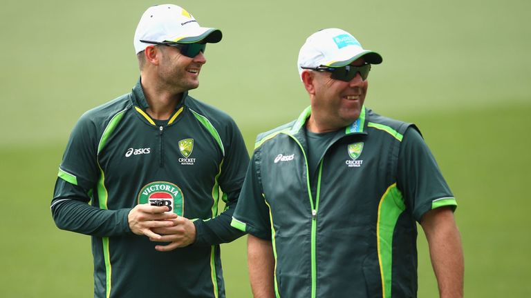 Michael Clarke and Darren Lehmann during practice ahead of the first Test between Australia and India, December 2014